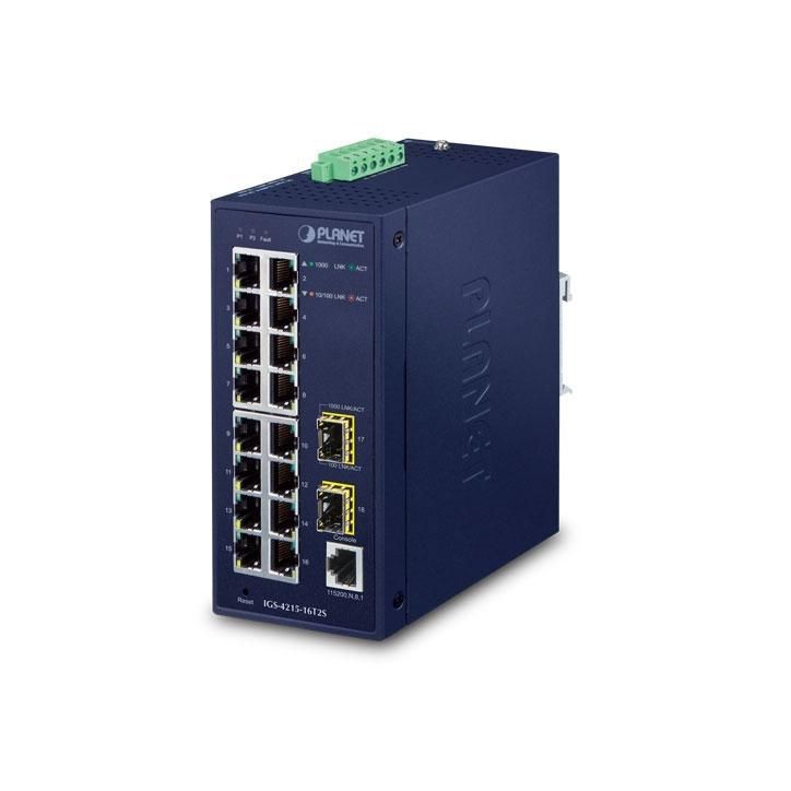 IGS-4215-16T2S Planet IGS-4215-16T2S, 16x 1G RJ-45, 2x SFP, 36 Gbps, 26.79 Mpps, IP30, 12-48V DC, 24V AC, 66x107x152 mm FCC 15 A