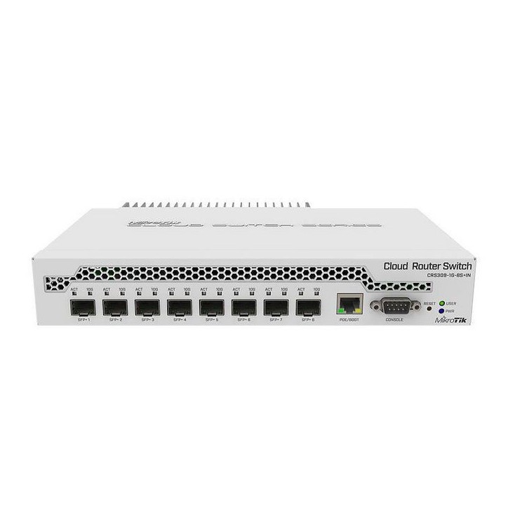 CRS309-1G-8S+IN MikroTik Gigabit Ethernet port, 8x SFP+ ports, PoE-in, 800MHz CPU, 512MB RAM, 16MB Flash, License level 5, Route
