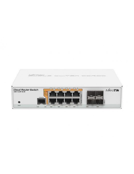 CRS112-8P-4S-IN MikroTik 8x Gigabit Ethernet Smart Switch with PoE-out, 4x SFP cages, 400MHz CPU, 128MB RAM, desktop case, Route