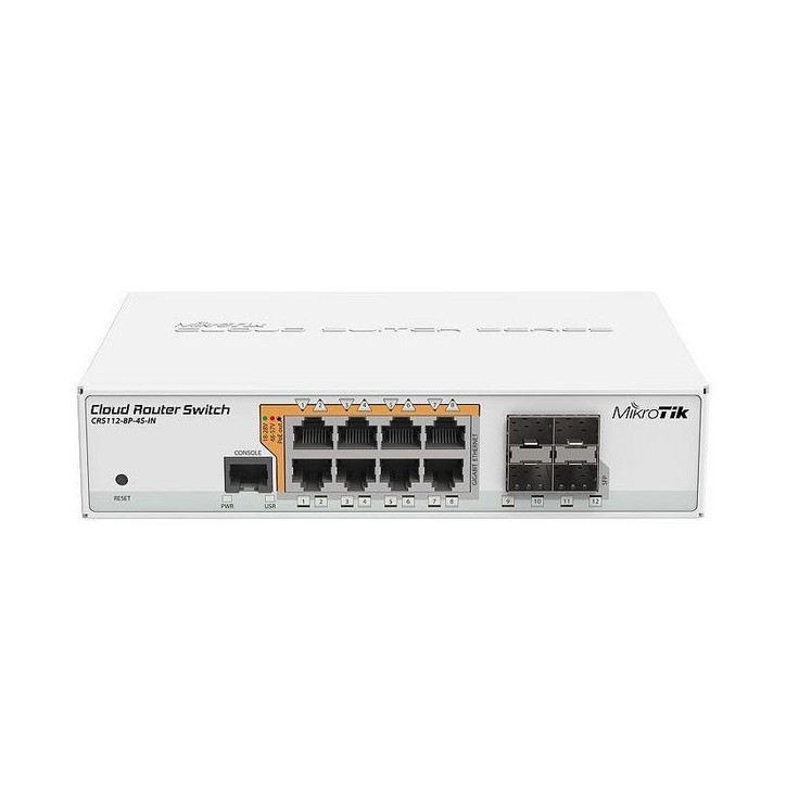 CRS112-8P-4S-IN MikroTik 8x Gigabit Ethernet Smart Switch with PoE-out, 4x SFP cages, 400MHz CPU, 128MB RAM, desktop case, Route