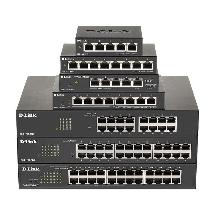 DGS-1100-08V2/E D-Link 8 x 10/100/1000 Mbps RJ-45, 16 Gbps, 11.9 Mpps, 4K MAC, 145 x 82 x 28 mm 11,9 Mpps