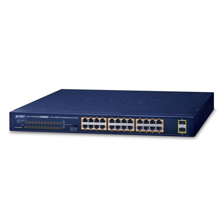 GSW-2620HP Planet 24 Port 10/100/1000T 802.3at PoE, 2 Port 1000X SFP, 52 Gbps, 38.6 Mpps, 2.85 kg 8000 voci