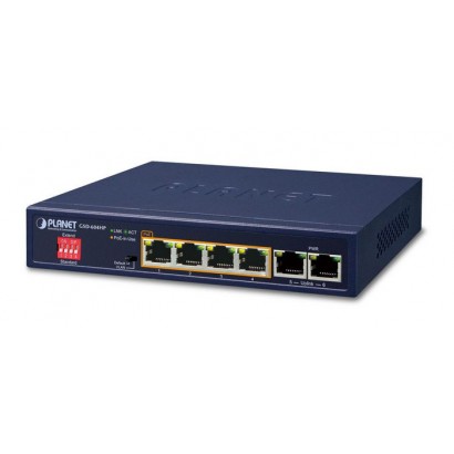 GSD-604HP Planet 4-Port 10/100/1000T 802.3at PoE, 2-Port 10/100/1000T, 12 Gbps, 8.92Mpps, 55W, 374 g 9000