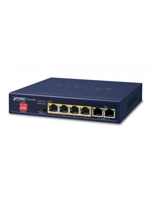 GSD-604HP Planet 4-Port 10/100/1000T 802.3at PoE, 2-Port 10/100/1000T, 12 Gbps, 8.92Mpps, 55W, 374 g 9000