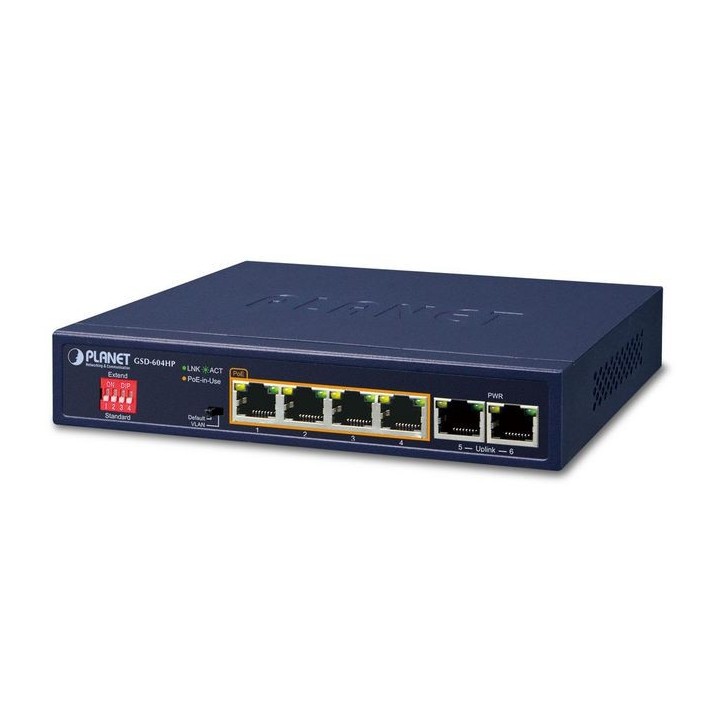 GSD-604HP Planet 4-Port 10/100/1000T 802.3at PoE, 2-Port 10/100/1000T, 12 Gbps, 8.92Mpps, 55W, 374 g 9000
