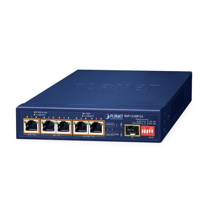 BSP-115HP-5A Planet 5-Port Hybrid PoE Solar PoE Switch with 1-Port 1000X SFP FCC Part 15 Class A, CE BSP-115HP-5A Planet 5-Port Hybrid PoE Solar PoE Switch with 1-Port 1000X SFP FCC Part 15 Class A, CE