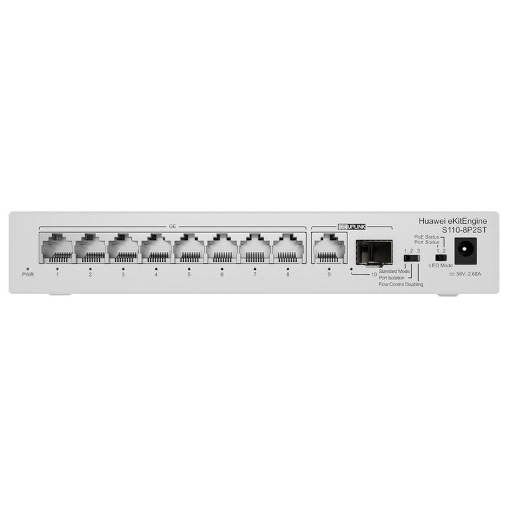 S110-8P2ST HUAWEI eKit 8*10/100/1000BASE-T ports, PoE+, 1*GE SFP port, 1*10/100/1000BASE-T port, AC power, power adapter 9801226 S110-8P2ST HUAWEI eKit 8*10/100/1000BASE-T ports, PoE+, 1*GE SFP port, 1*10/100/1000BASE-T port, AC power, power adapter 9801226
