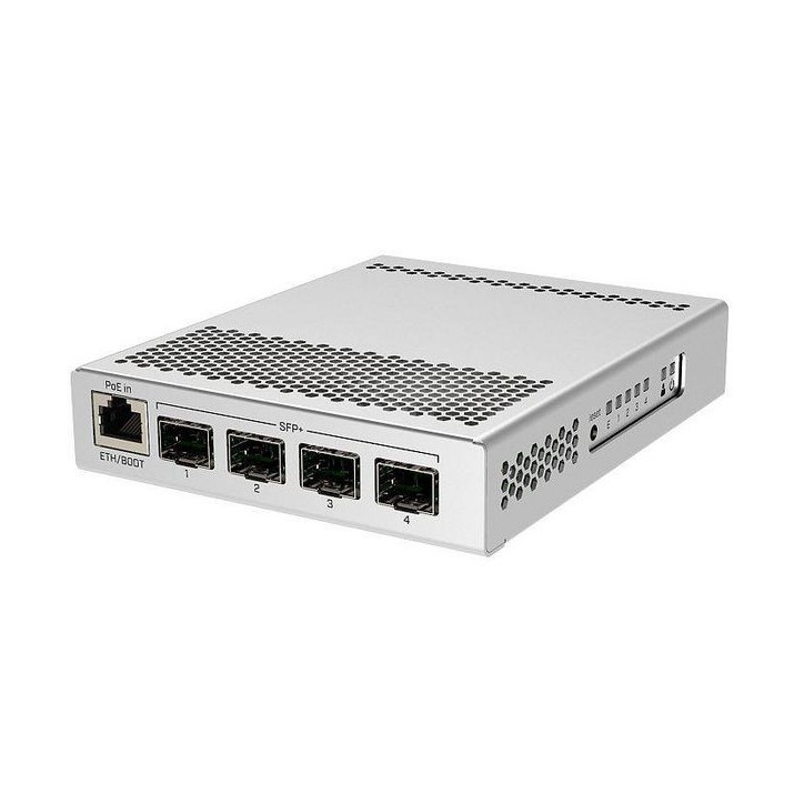 MT CRS305-1G-4S+IN MikroTik ARM 32bit, 800 MHz, 512 MB RAM, 16 MB Flash, PoE, Gigabit RJ-45, 4x 10G SFP+, 141x115x28 mm White