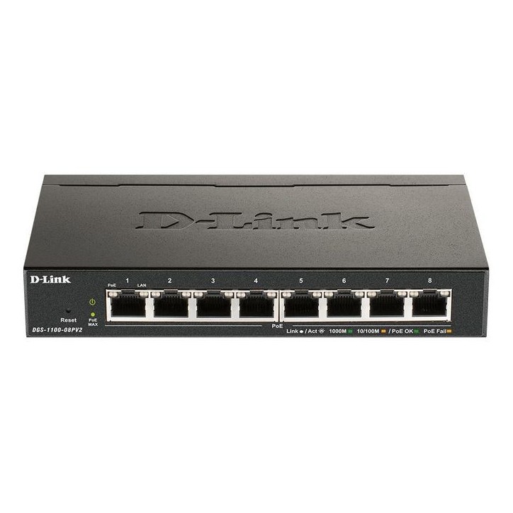 DGS-1100-08PV2/E D-Link 8-Port PoE Gigabit Smart Managed Switch cUL, CE LVD, CB, BSMI/FCC Class B, CE Class B, VCCI Class B, BSM DGS-1100-08PV2/E D-Link 8-Port PoE Gigabit Smart Managed Switch cUL, CE LVD, CB, BSMI/FCC Class B, CE Class B, VCCI Class B, BSM