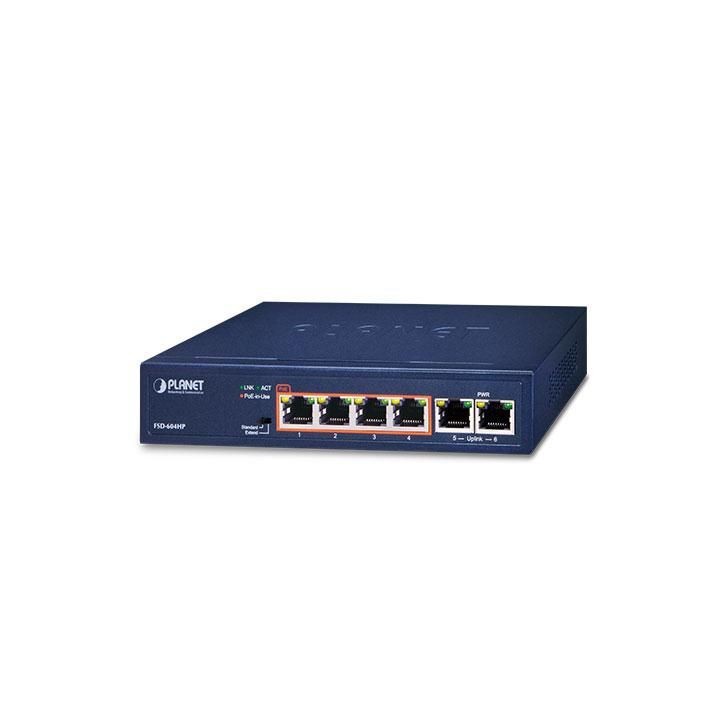 FSD-604HP-SD Planet 4-Port 10/100TX 802.3af/at PoE + 2-Port 10/100TX Desktop Switch (60 Watts) FSD-604HP CE, FCC