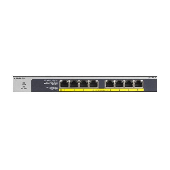 GS108LP-100EUS Netgear 8x 10/100/1000Mbps Gigabit Ethernet, 8 PoE+ ports, up to 30W per port, 60W Budget, 0.6kg, Fanless