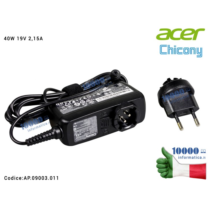 Alimentatore ACER 40W 19V 2,15A [5,5x1,7mm] Tablet Iconia A500 A501 A100 A200 A210 A211 W3-810 SW5-011