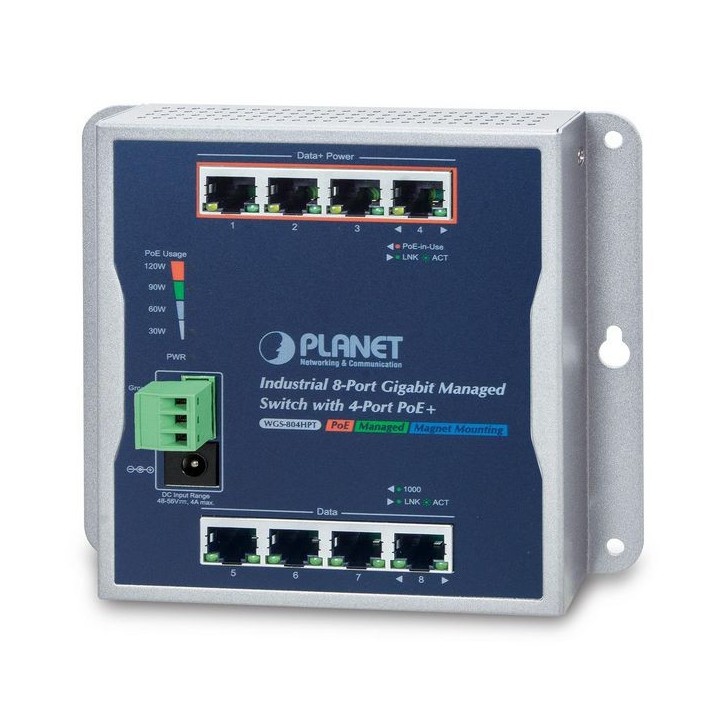 WGS-804HPT Planet 8x 10/100/1000BASE-T RJ-45, PoE, 16 Gbit/s, 11.9 Mpps, 148 x 25 x 134 mm, 625 g FCC 15 A, CE, IEC 60068-2-32, 