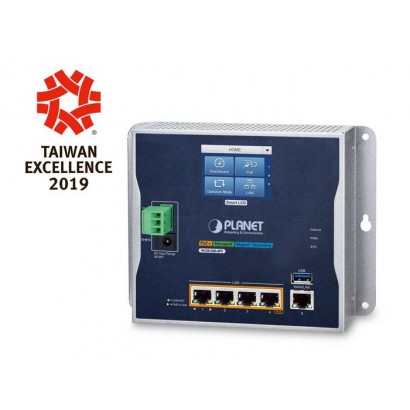 WGR-500-4PV WGR-500-4PV Planet Industrial Wall-mount Gigabit Router with 4-Port 802.3at PoE+ and LCD Touch Screen Features DSE