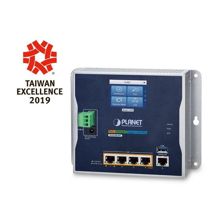 WGR-500-4PV Planet Industrial Wall-mount Gigabit Router with 4-Port 802.3at PoE+ and LCD Touch Screen