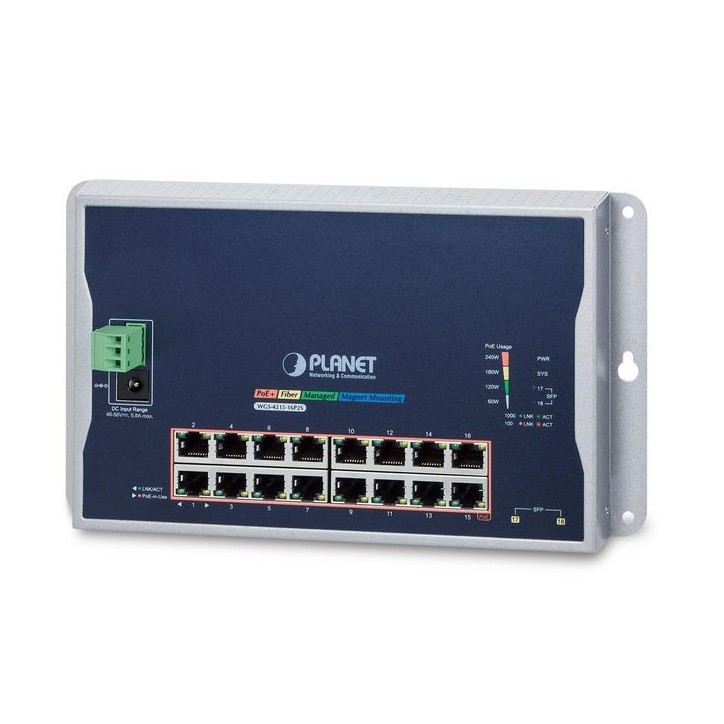 WGS-4215-16P2S Planet Industrial 16-Port 10/100/1000T 802.3at PoE + 2-Port 100/1000X SFP Wall-mounted Managed Switch FCC Part 15