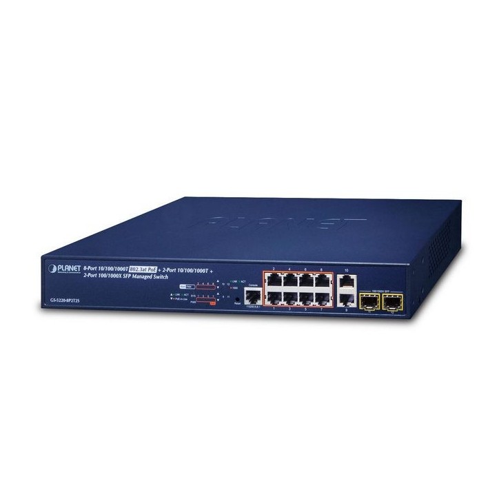 GS-5220-8P2T2S Planet L2+ 8-Port 10/100/1000T 802.3at PoE & 2-Port 10/100/1000T & 2-Port 100/1000X SFP Managed Switch FCC, CE