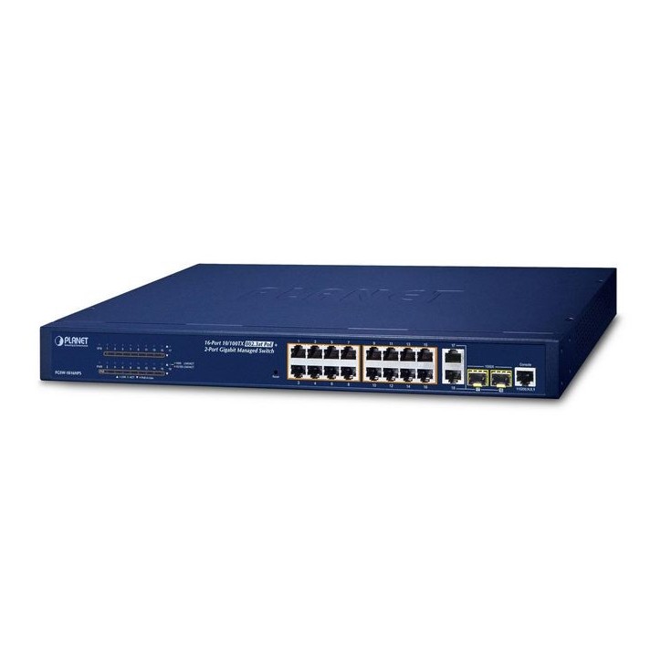 FGSW-1816HPS Planet 16-Port 10/100TX 802.3at PoE + 2-Port Gigabit TP/SFP Combo Managed Ethernet Switch FCC Part 15 Class A, CE