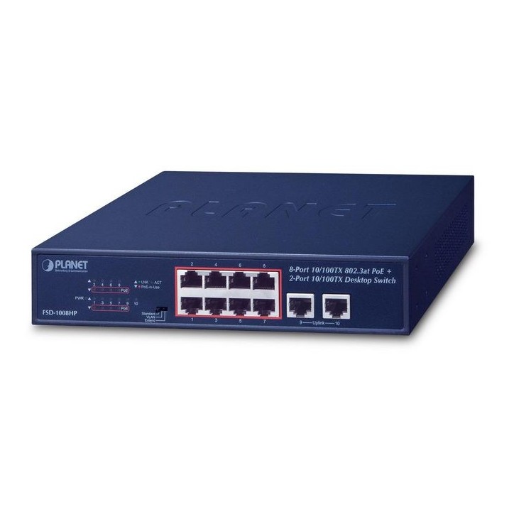 FSD-1008HP Planet 8-Port 10/100TX 802.3at PoE + 2-Port 10/100TX Desktop Switch (120 watts) CE, FCC