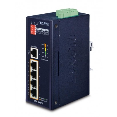ISW-504PT ISW-504PT Planet Industrial 5-Port 10/100TX Ethernet Switch with 4-Port 802.3at PoE+ FCC, CE Features DSE