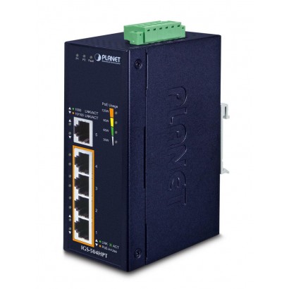 IGS-504HPT Planet Industrial 4-Port 10/100/1000T 802.3at PoE + 1-Port 10/100/1000T Gigabit Ethernet Switch FCC, CE