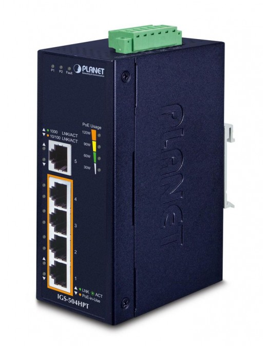IGS-504HPT Planet Industrial 4-Port 10/100/1000T 802.3at PoE + 1-Port 10/100/1000T Gigabit Ethernet Switch FCC, CE