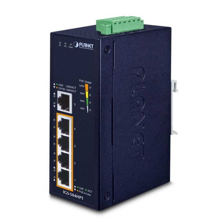 IGS-504HPT Planet Industrial 4-Port 10/100/1000T 802.3at PoE + 1-Port 10/100/1000T Gigabit Ethernet Switch FCC, CE