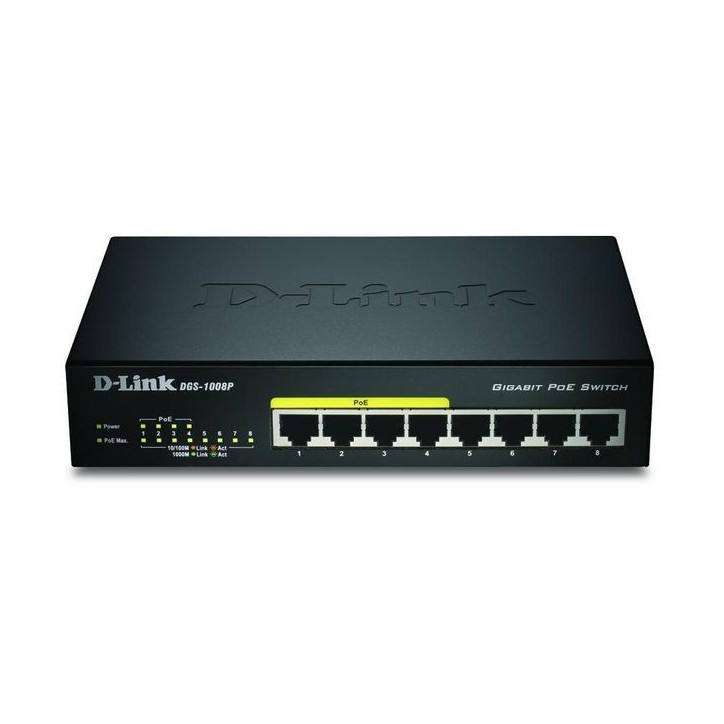 DGS-1008P/E D-Link DGS-1008, 8-Port Gigabit Ethernet PoE Switch, 16 Gbps, MDI/MDIX, Black 788979 4000 voci
