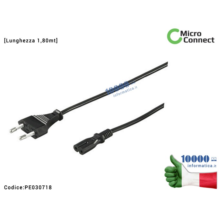 Cavo C7 (2 POLI) Corda Bipolare Alimentatore Notebook Presa Spina Italiana EuroPlug EU CEE IEC-320-C7 IEC320C7 [1,8 mt] MICROCON