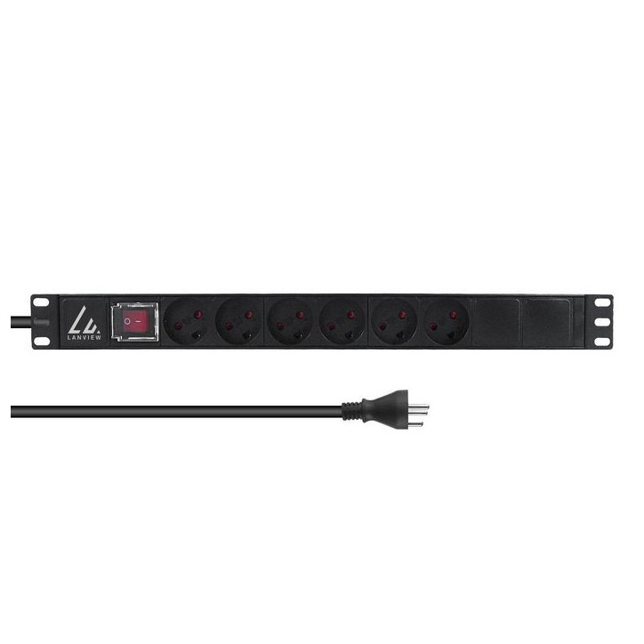 LVR-3MDK-SW-DK6 Lanview 19'' rack mount power strip, ON/OFF switch 13A with 6 x Danish type K socket Horizontal