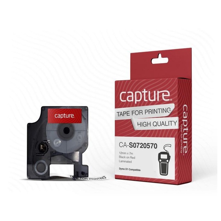 CA-S0720570 Capture 12mm x 7m Black on Red Tape. DYMO D1 compatible. S0720570 DYMO