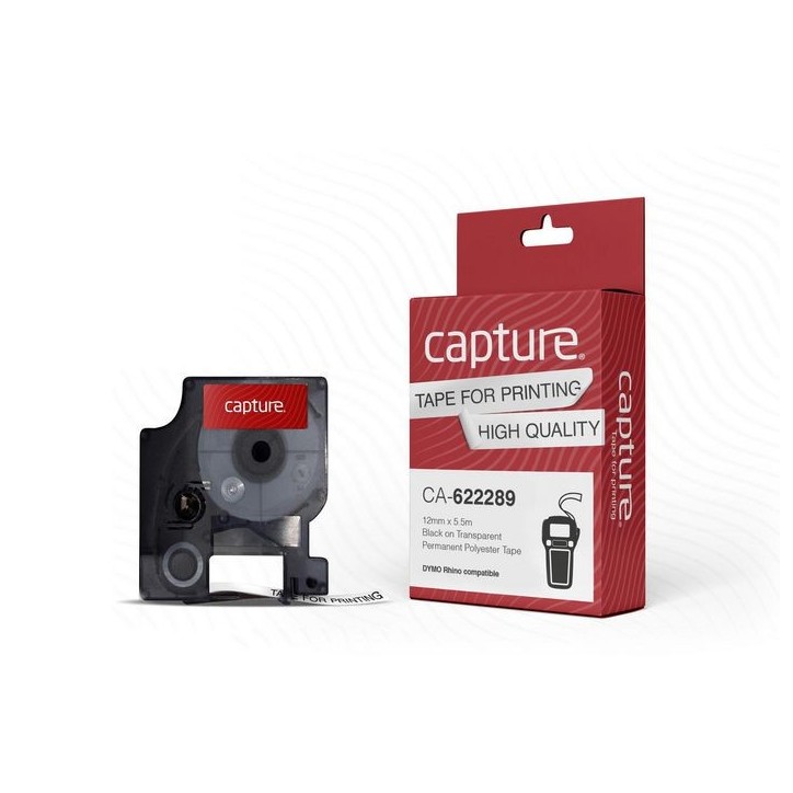 CA-622289 Capture 622289 Rhino compatible 12mm x 5.5m Black on Transparent Permanent Polyester Tape 622289 DYMO