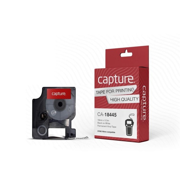 CA-18445 Capture 18445 Rhino compatible 19mm x 5.5m Black on White Permanent Vinyl Tape 18445 DYMO