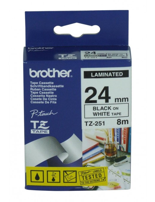 TZ-251 Brother Black on White Gloss Laminated Tape, 24mm Black