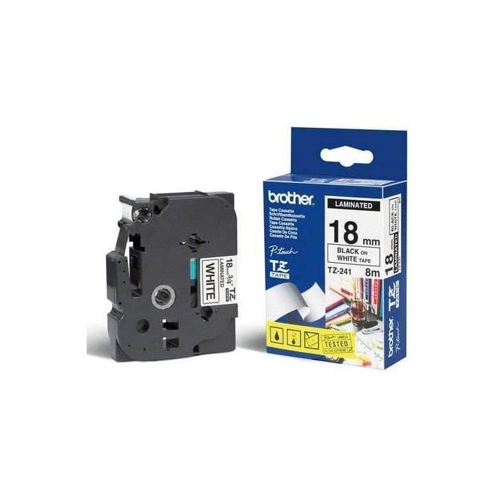 TZ-241 Brother Black on White Gloss Laminated Tape, 18mm Black