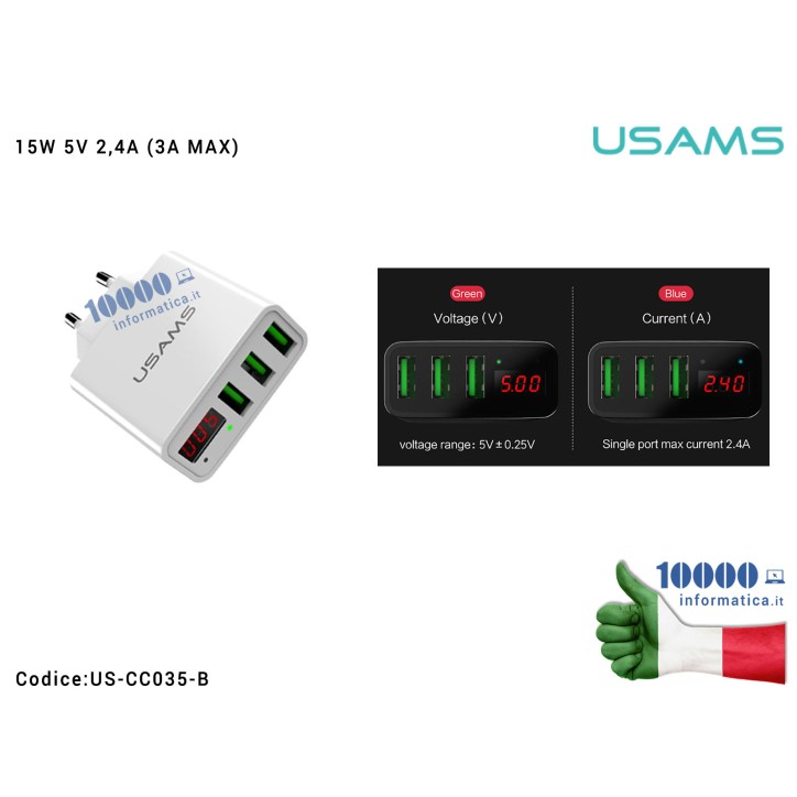 Alimentatore Smart 5V 2,4A USAMS US-CC035 3 Porte USB Display LED [BIANCO] Caricabatterie Intelligente Adattatore Spina EU Itali