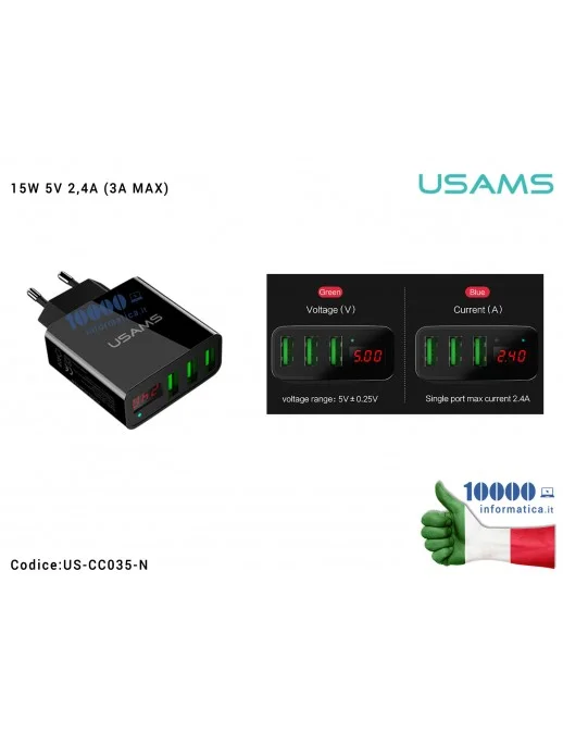 US-CC035-N Alimentatore Smart 5V 2,4A USAMS US-CC035 3 Porte USB Display LED [NERO] Caricabatterie Intelligente Adattatore Sp...