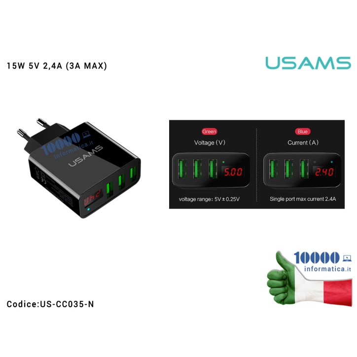 Alimentatore Smart 5V 2,4A USAMS US-CC035 3 Porte USB Display LED [NERO] Caricabatterie Intelligente Adattatore Spina EU Italian