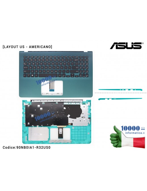 Tastiera US Retroilluminata ASUS X530 S530 [Firmament Green - VERDE] VivoBook S15 X530U X530UN S530U S530UN X530F X530FN X530UF S530F S530FN S530UF + Top Case Palmrest Poggiapolsi Retroilluminata Tastiera Americana
