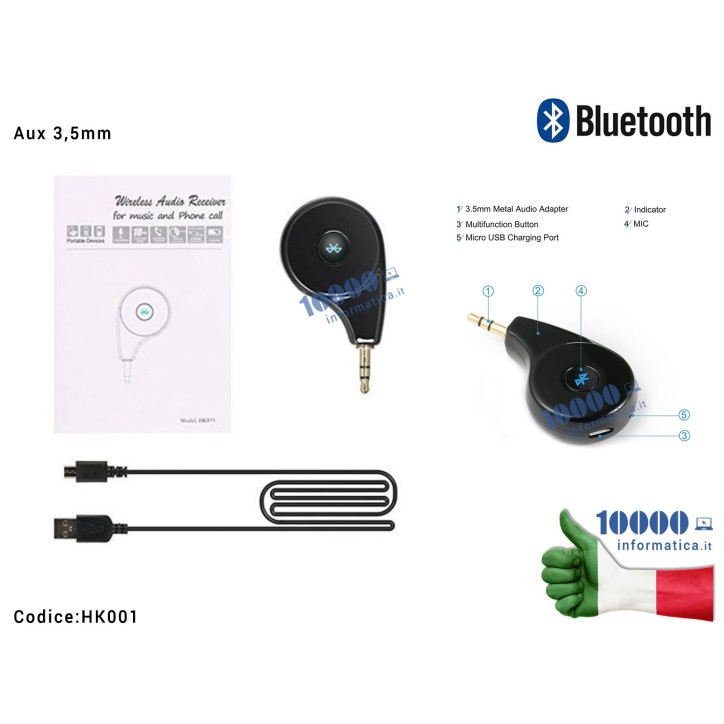 Ricevitore Bluetooth Adattatore Wireless AUX 3,5mm Kit Auto Macchina