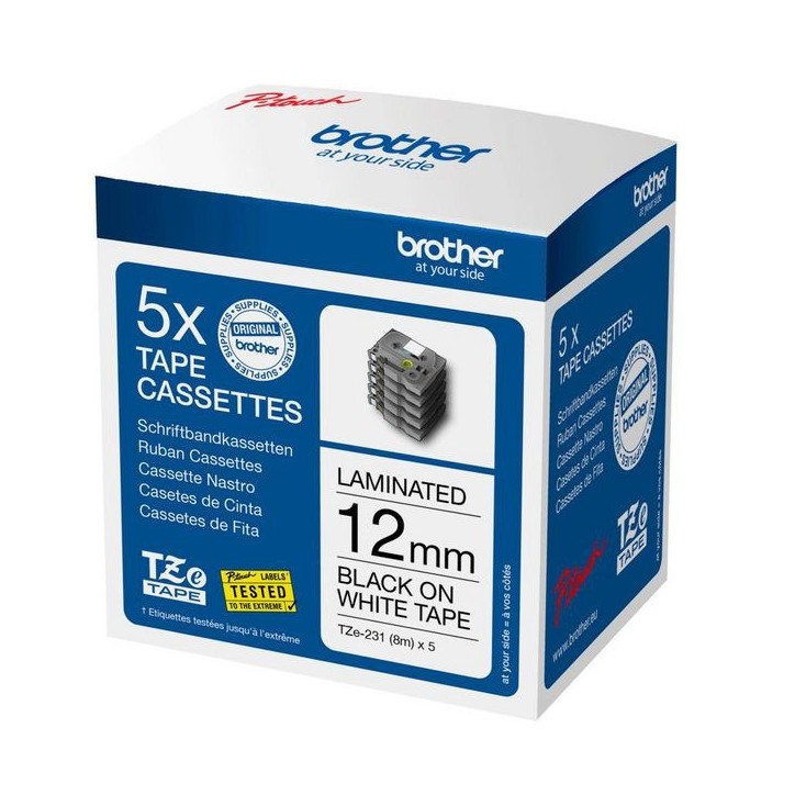 TZE231M5 Brother 5 pack of genuine Brother Labelling Tape Cassettes – Black on White, 12mm wide D01CED001 Brother