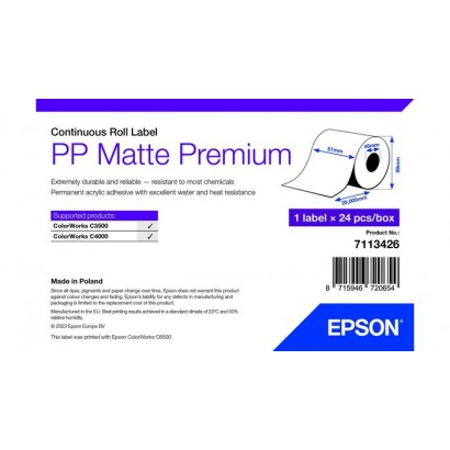 7113426 7113426 Epson PP Matte Label Premium, Continuous Roll, 51mm x 29m Acrylic Features DSE