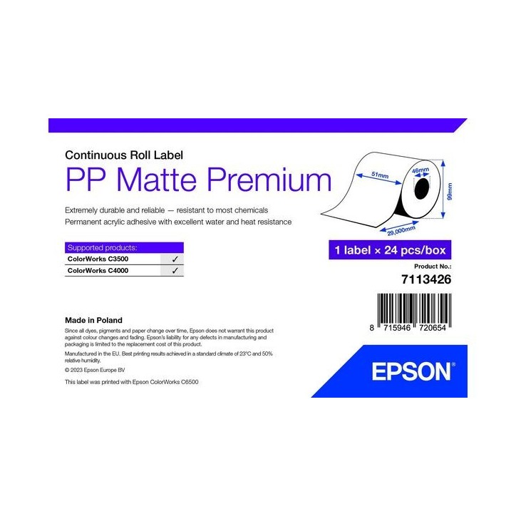 7113426 Epson PP Matte Label Premium, Continuous Roll, 51mm x 29m Acrylic