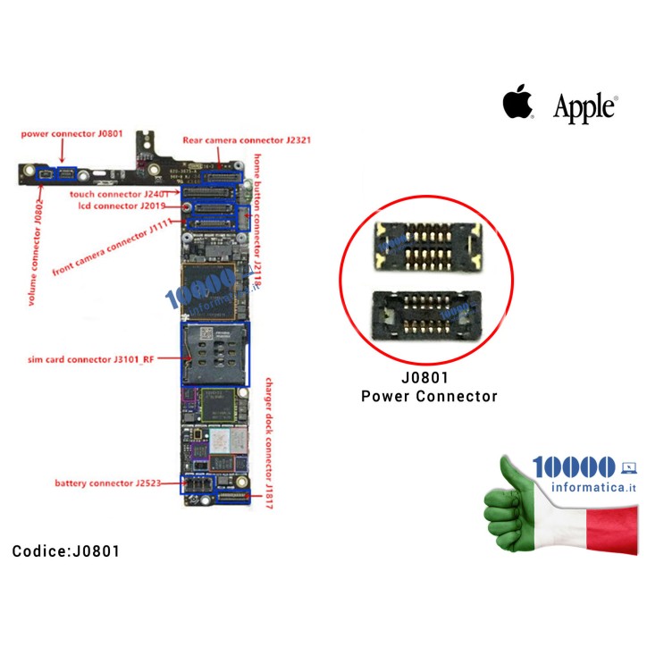 Connettore FPC Accensione ON/OFF J0801 iPhone 6 (A1549) (A1586) (A1589) Cavo Flex Button Power [12 PIN]