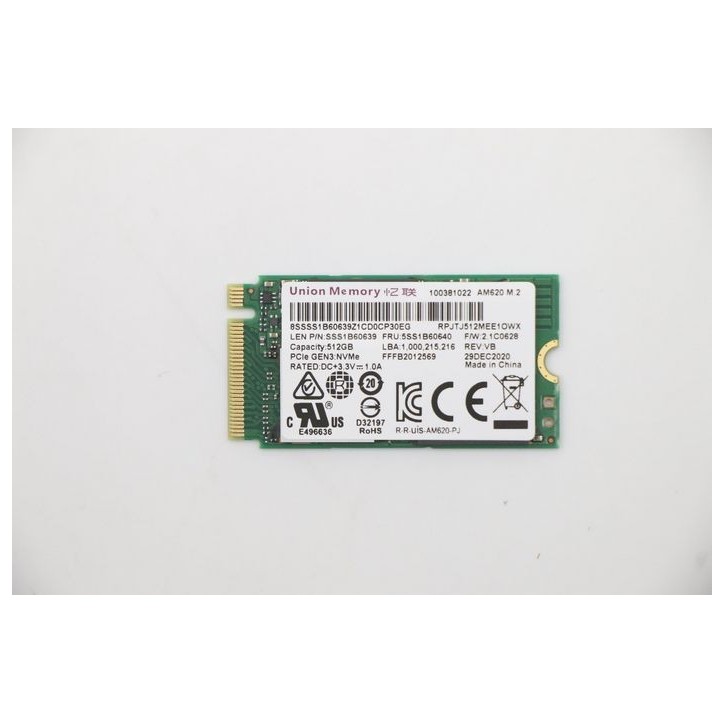 5SS1B60640 Lenovo M.2 SSD, 512GB capacity, PCIe 2242 interface, designed for high-speed data storage in desktop devices. FRU5A11