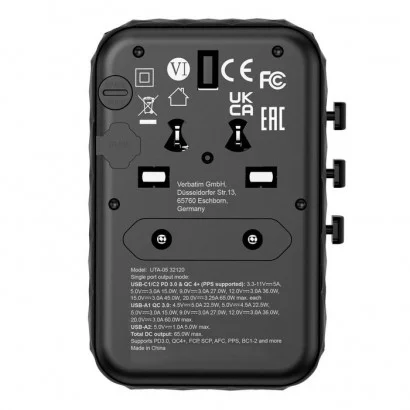32120 32120 Verbatim UTA-05 65W GaN III - Adattatore da viaggio universale UTA‑05 65 W, con 2 porte USB‑A e 2 porte USB-C, ca...