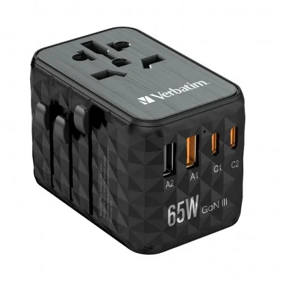 32120 32120 Verbatim UTA-05 65W GaN III - Adattatore da viaggio universale UTA‑05 65 W, con 2 porte USB‑A e 2 porte USB-C, ca...