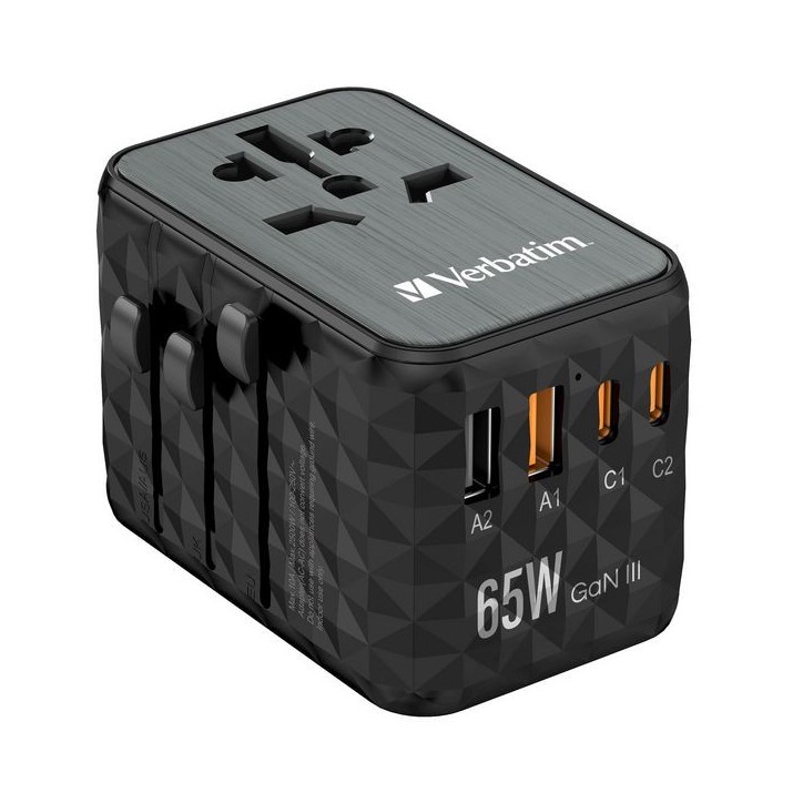 32120 Verbatim UTA-05 65W GaN III - Adattatore da viaggio universale UTA‑05 65 W, con 2 porte USB‑A e 2 porte USB-C, caricatore 