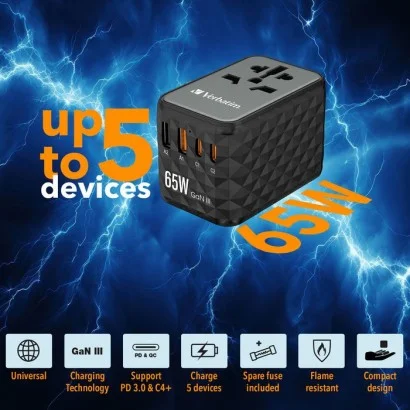 32120 32120 Verbatim UTA-05 65W GaN III - Adattatore da viaggio universale UTA‑05 65 W, con 2 porte USB‑A e 2 porte USB-C, ca...