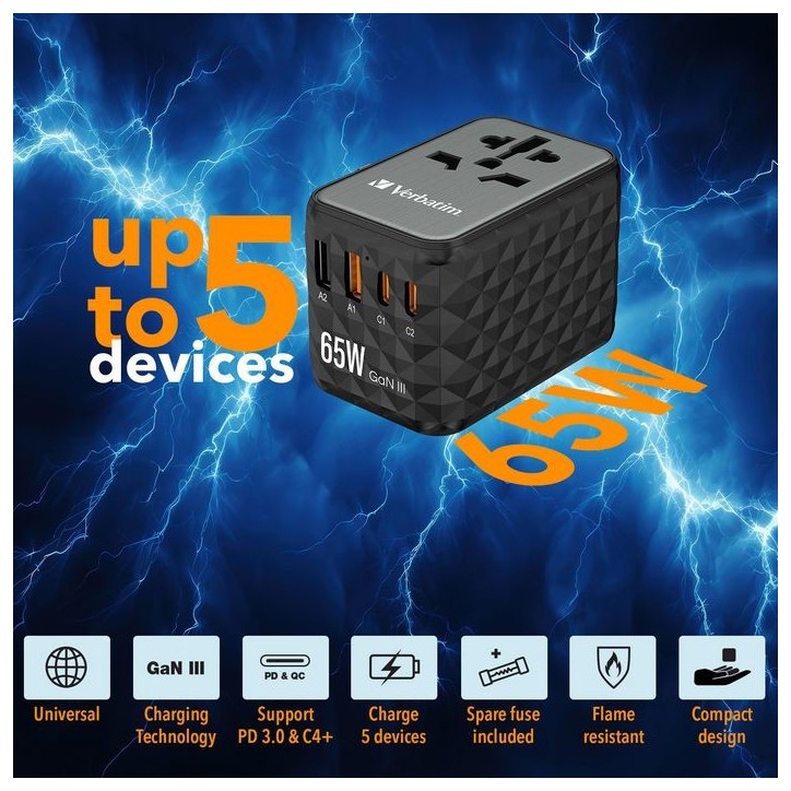 32120 Verbatim UTA-05 65W GaN III - Adattatore da viaggio universale UTA‑05 65 W, con 2 porte USB‑A e 2 porte USB-C, caricatore 